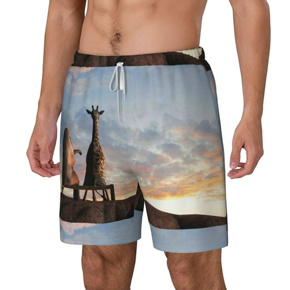 Picia Elephant Giraffe pattern Mens Swim Trunks with Compression Liner Stretch Beach Shorts Quick Dry with Zipper Pockets No-Chafing Board Shorts-Medium