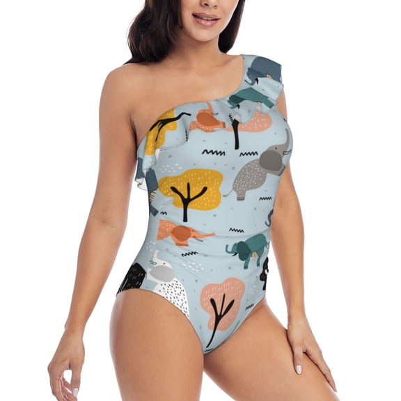 Picia Elephant Tree Pattern Women's One Piece Swimsuits,One Shoulder Swimwear Asymmetric ,Ruffle Monokinis Bathing Suits,High Waisted Flattering Bathing Suits-XX-Large