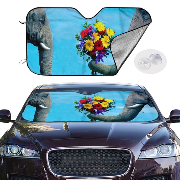 Picia Elephant Trunk Couple Flowers Curved Windshield Sunshade Accordion Folding Style Auto Shade for Car Truck SUV Van Blocks UV Ray Sun Visor Protector -Small