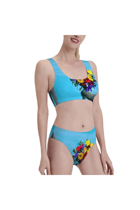Elephant Trunk Couple Flowers Women's High Waisted Bikini Scoop Neck Swimsuit Two Pieces Bathing Suit-Medium