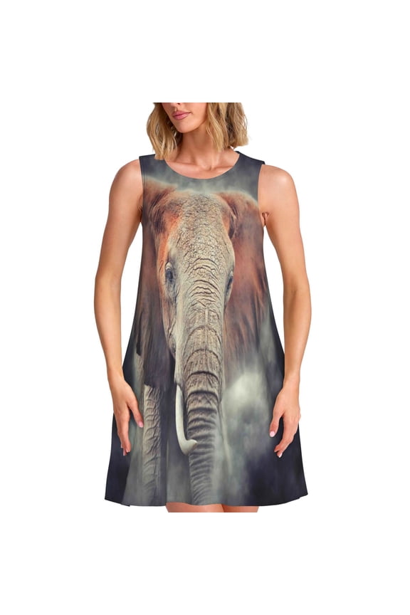 Elephant in Smoke Print Women’s Sleeveless Midi Swing Dress – A-Line Pleated Tank Sundress, Comfortable and Flowy T-Shirt Dress