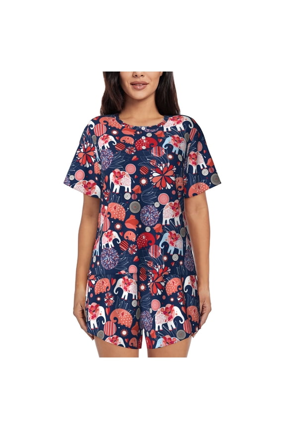 Elephants Pajamas Sets for Women Soft Short-Sleeved Pjs with Lounge Shorts Two Piece Sleepwear-Small