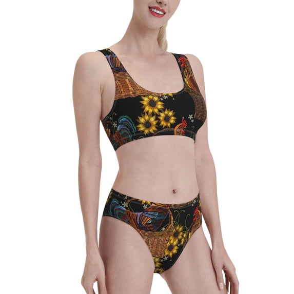 Picia Embroidery Chicken Rooster Women's High Waisted Bikini Scoop Neck Swimsuit Two Pieces Bathing Suit-X-Large
