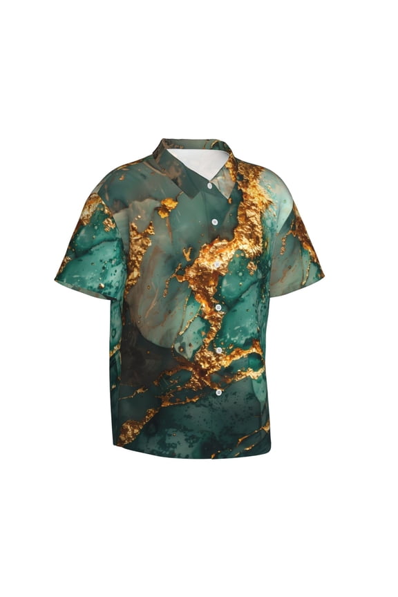Emerald Color Gold Marble Gentle Cotton Regular Fit Short Sleeve Casual Hawaiian Shirt for Men-3X-Large