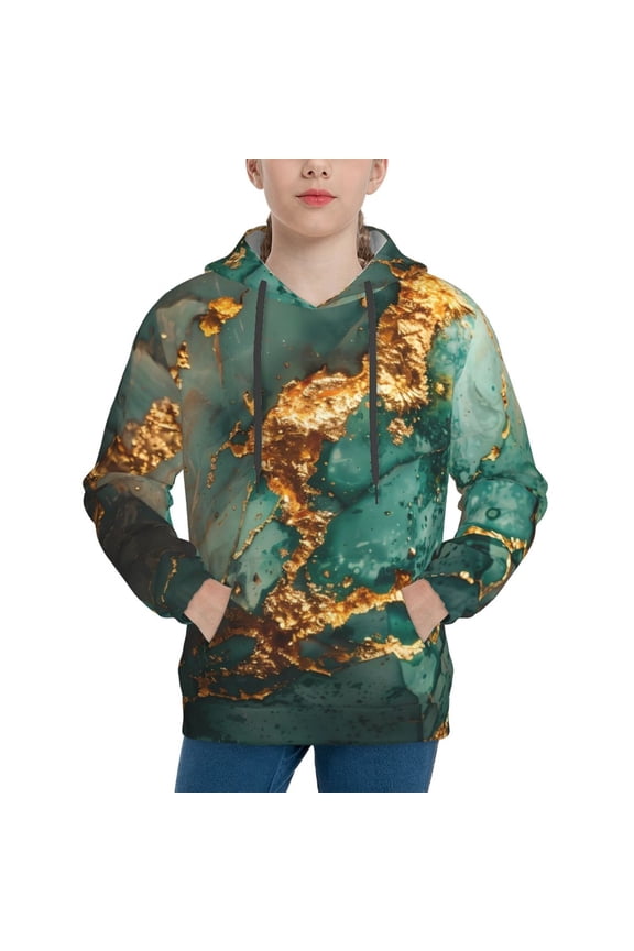 Emerald Color Gold Marble Pattern Youth Hoodie - Warm Pullover Sweatshirt with Kangaroo Pocket, Ideal for Boys and Girls-Small