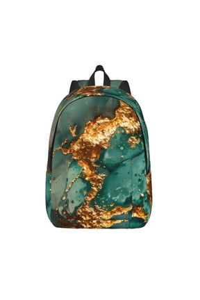 Emerald Color Gold Marble Printed Canvas Daypack - Stylish and Durable Vintage Compact Backpack - Class, Work, Travel, or Laptop Bookbag,Organized Compartments-Medium