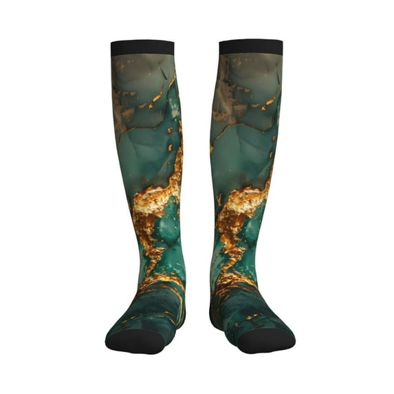 Picia Emerald Color Gold Marble Printed Sports Compression Socks - 15-20mmHg Graduated Compression, High-Performance Soft and Breathable Socks for Men and Women