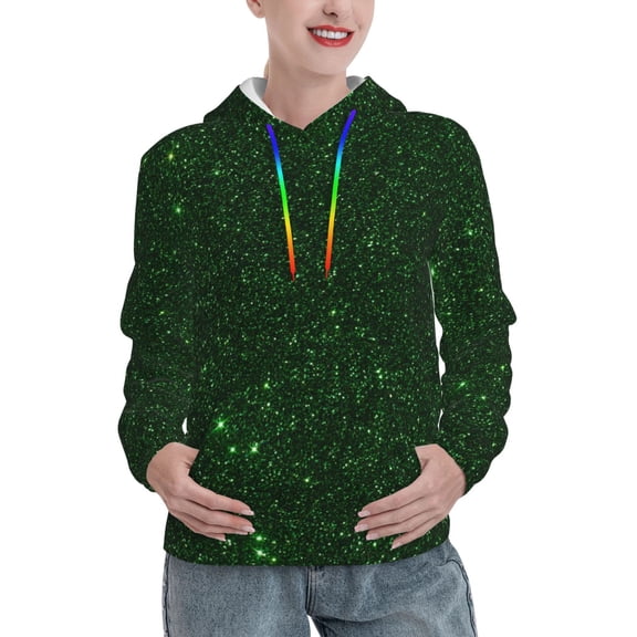 Picia Emerald Green Sparkling Pattern Casual Women's Hoodie, Hooded Sweatshirt with Kangaroo Pocket, Comfortable Pullover with Eye-catching Drawstrings-X-Large