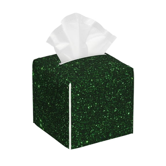 Picia Emerald Green Sparkling Pattern Tissue Box Cover,PVC Leather Square Holder,Tissue Box Holder with Magnetic Bottom,Facial Paper Organizer Dispenser-5.2"X5.2"X5.2"