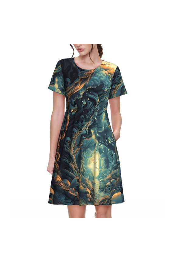 Enchanted Forest Skull Path Pattern Women's Short Sleeve Summer Dress Pleated Loose Swing Knee Length Short Sleeve Swing Dresses