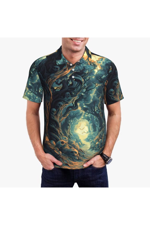 Enchanted Forest Skull Path Print Men's Polo Shirt, Two-Button Closure Pique Polo Shirt, Summer Fashion Golf Shirt-4X-Large