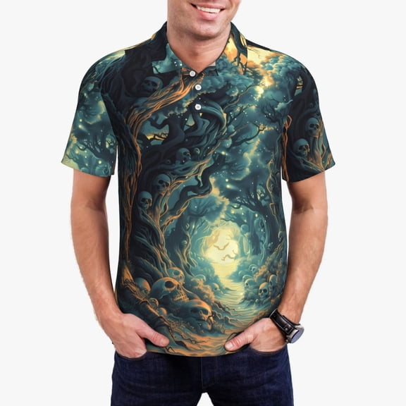 Picia Enchanted Forest Skull Path Print Men's Polo Shirt, Two-Button Closure Pique Polo Shirt, Summer Fashion Golf Shirt-Medium