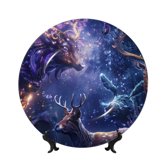 Picia Enchanted Forest Stag Gathering Pattern Bone China Decorative Plate – Wall Decor with Stand and Adhesive, Elegant Ornament for Living Room, Office, or Entryway-8in