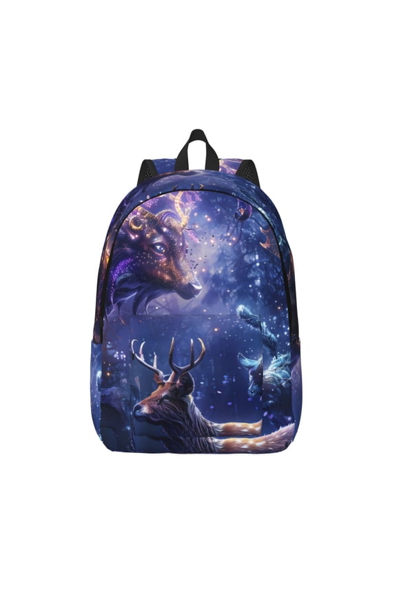 Enchanted Forest Stag Gathering Printed Canvas Daypack - Stylish and Durable Vintage Compact Backpack - Class, Work, Travel, or Laptop Bookbag,Organized Compartments-Medium