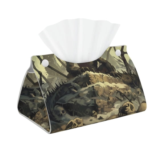 Picia Epic Dragon Skull Scene Pattern Long Tissue Box Cover,PVC Leather Triangle Holder,Tissue Box Holder with Magnetic Bottom,Facial Paper Organizer Dispenser-7.9"X4.9"X4.5"