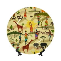 Picia Ethnic African Pattern Bone China Decorative Plate – Wall Decor with Stand and Adhesive, Elegant Ornament for Living Room, Office, or Entryway-10in