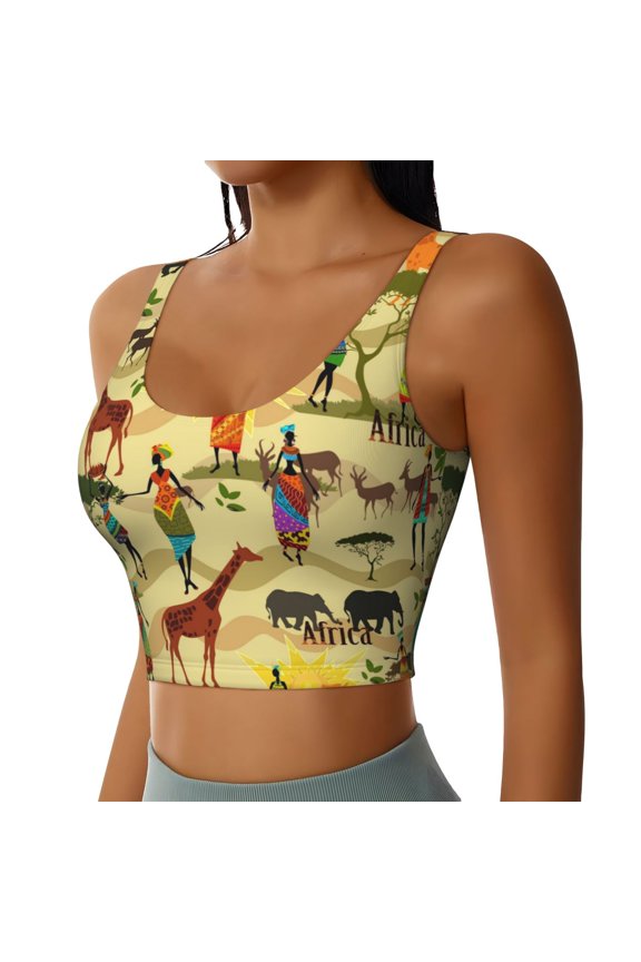 Ethnic African Sports Bra for Women,Padded Strappy Sports Bras Medium Support Yoga Bra with Removable Cups,Running Yoga Bra-X-Large