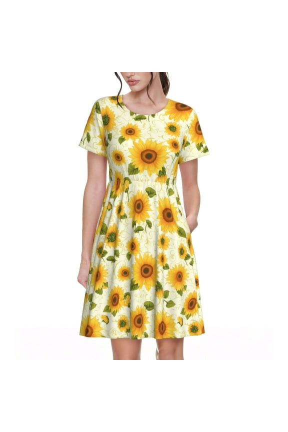 European-style Pattern Sunflower Pattern Women's Short Sleeve Summer Dress Pleated Loose Swing Knee Length Short Sleeve Swing Dresses
