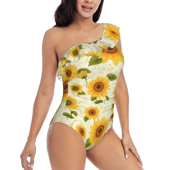 Picia European-style Pattern Sunflower Pattern Women's One Piece Swimsuits,One Shoulder Swimwear Asymmetric ,Ruffle Monokinis Bathing Suits,High Waisted Flattering Bathing Suits-X-Large