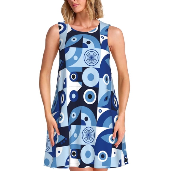 Picia Evil Eye Print Women’s Sleeveless Midi Swing Dress – A-Line Pleated Tank Sundress, Comfortable and Flowy T-Shirt Dress