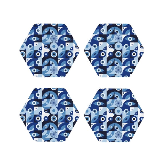 Picia Evil Eye Printed Leather Coasters for Drinks, 4" Drink Coasters Set of 4 for Tabletop Protection, Handmade Luxurious Home Décor and Housewarming Gift -Hexagon
