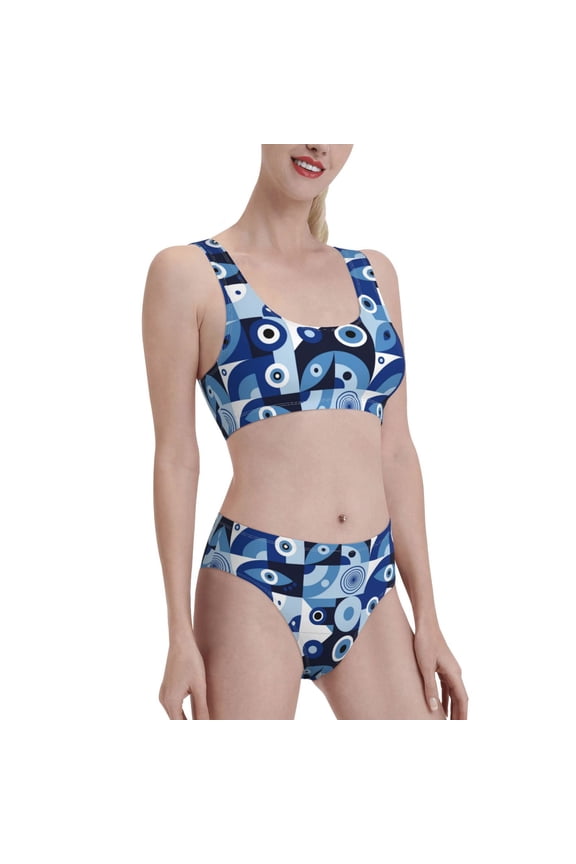 Evil Eye Women's High Waisted Bikini Scoop Neck Swimsuit Two Pieces Bathing Suit-Small