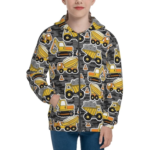 Picia Excavator At Work for Boys Fashion Full-zip Hoodies & Sweatshirts with Kangaroo Pocket,Zip-up Hooded Sweatshirt for Kid, Moisture Wicking & Breathable-Medium