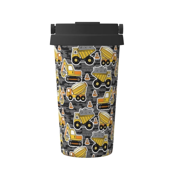 Picia Excavator At Work Pattern 500ml Carry Insulated Coffee Mug, Stainless Steel Travel Mug with Hidden Handle, Leak-Proof for Car, Office, Home, and Outdoor Use