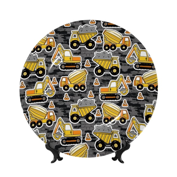 Picia Excavator At Work Pattern Bone China Decorative Plate – Wall Decor with Stand and Adhesive, Elegant Ornament for Living Room, Office, or Entryway-10in