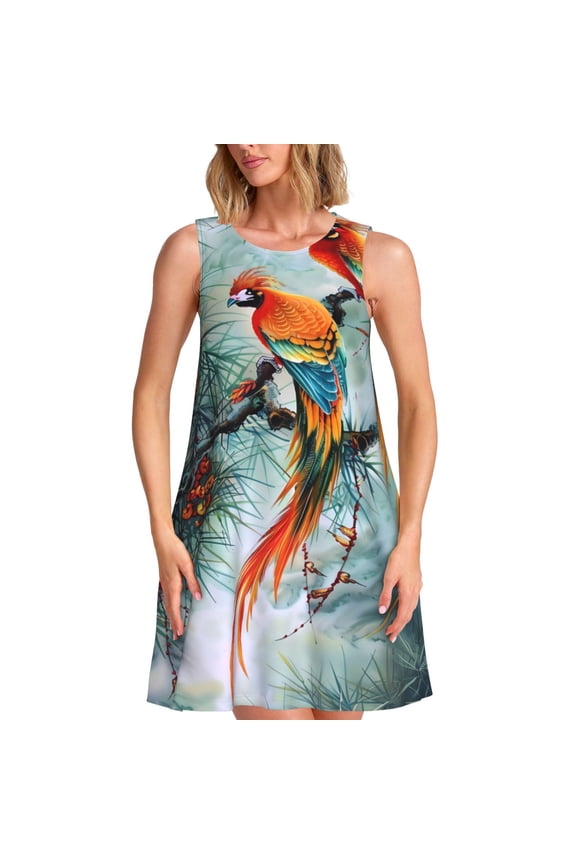 Exotic Birds Forest Print Women’s Sleeveless Midi Swing Dress – A-Line Pleated Tank Sundress, Comfortable and Flowy T-Shirt Dress