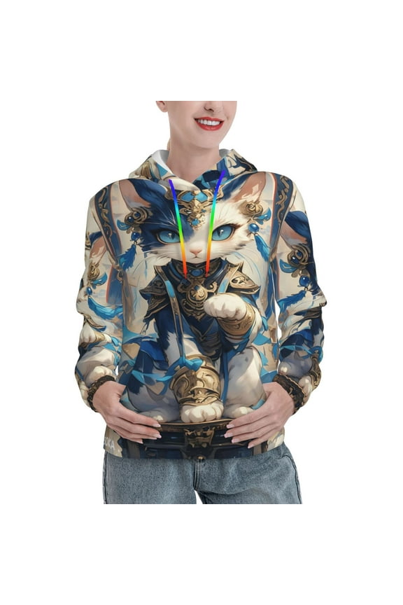 Exotic Blue Cat Pattern Casual Women's Hoodie, Hooded Sweatshirt with Kangaroo Pocket, Comfortable Pullover with Eye-catching Drawstrings-XX-Large