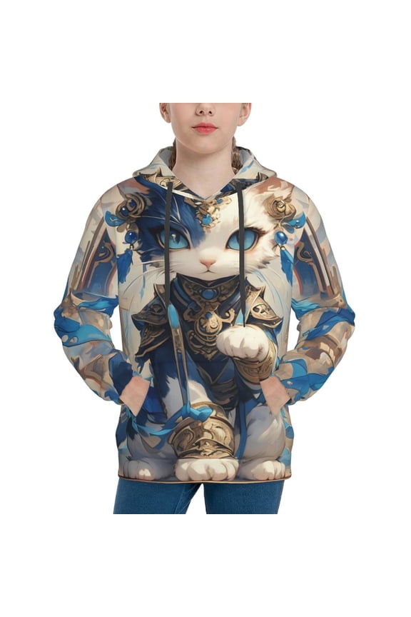 Exotic Blue Cat Pattern Youth Hoodie - Warm Pullover Sweatshirt with Kangaroo Pocket, Ideal for Boys and Girls-X-Large