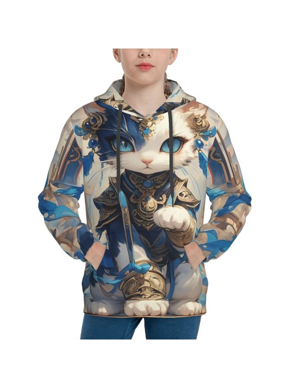 Exotic Blue Cat Pattern Youth Hoodie - Warm Pullover Sweatshirt with Kangaroo Pocket, Ideal for Boys and Girls-X-Large