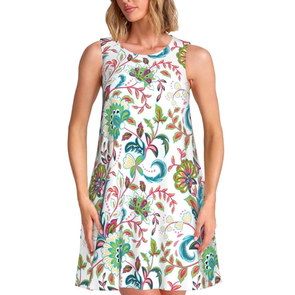 Picia Fairy Flower Print Women’s Sleeveless Midi Swing Dress – A-Line Pleated Tank Sundress, Comfortable and Flowy T-Shirt Dress