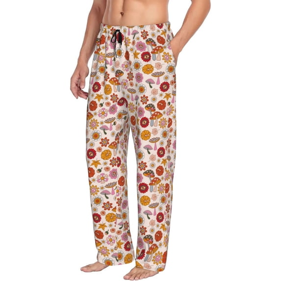 Picia Fall 70s Groovy Hippie Mens Soft Woven Cotton Elastic Waistband Sleep Pajama Pant Lounge Sleep Pant With Pockets And Drawstring-Small