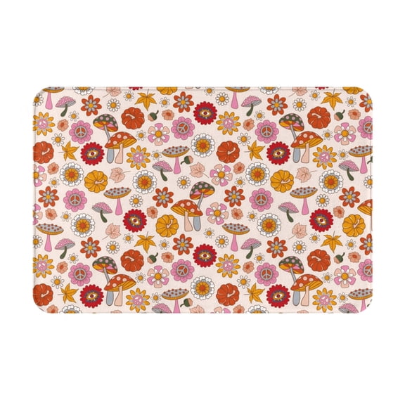 Picia Fall 70s Groovy Hippie Pattern Flannel Doormat 16x24 Inch Non-Slip Indoor Mat, Absorbent & Quick-Dry Rug for Entryway, Bathroom, Kitchen, and Bedroom, Machine Washable