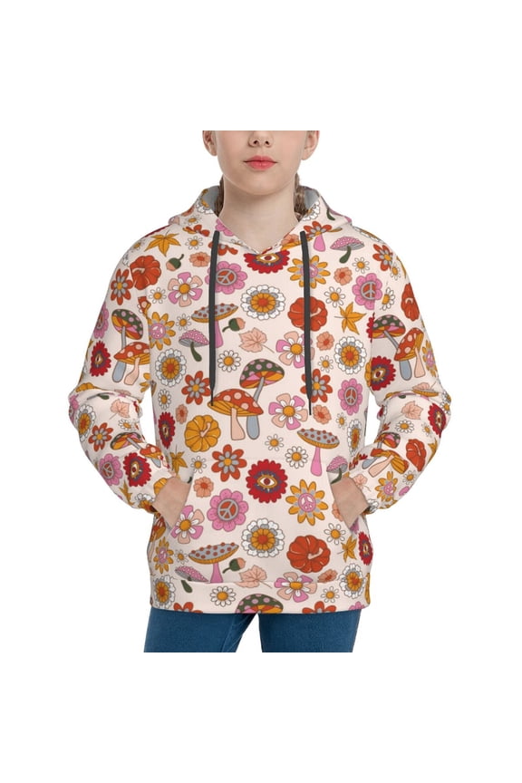 Fall 70s Groovy Hippie Pattern Youth Hoodie - Warm Pullover Sweatshirt with Kangaroo Pocket, Ideal for Boys and Girls-X-Large