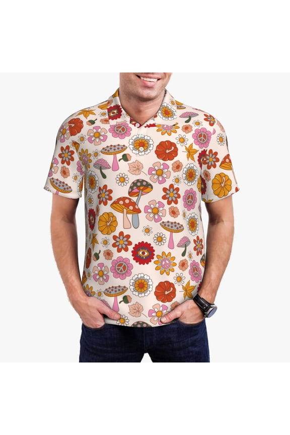 Fall 70s Groovy Hippie Print Men's Polo Shirt, Two-Button Closure Pique Polo Shirt, Summer Fashion Golf Shirt-