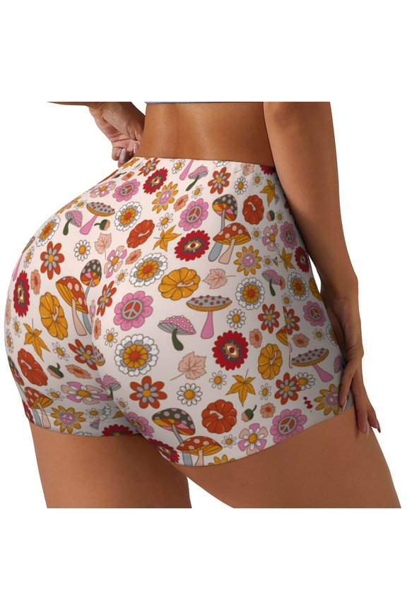 Fall 70s Groovy Hippie Printed Workout Shorts for Women Seamless Scrunch Butt Lifting High Waisted Yoga Gym Booty Running Moisture-wicking Short Pants-X-Large