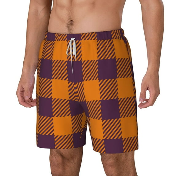 Picia Fall Buffalo Plaid pattern Mens Swim Trunks with Compression Liner Stretch Beach Shorts Quick Dry with Zipper Pockets No-Chafing Board Shorts-Small