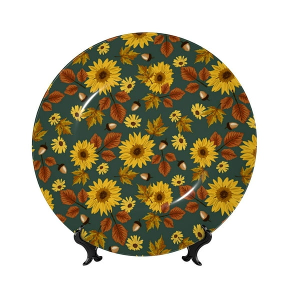 Picia Fall Daisy Leaf Nuts Pattern Bone China Decorative Plate – Wall Decor with Stand and Adhesive, Elegant Ornament for Living Room, Office, or Entryway-6in