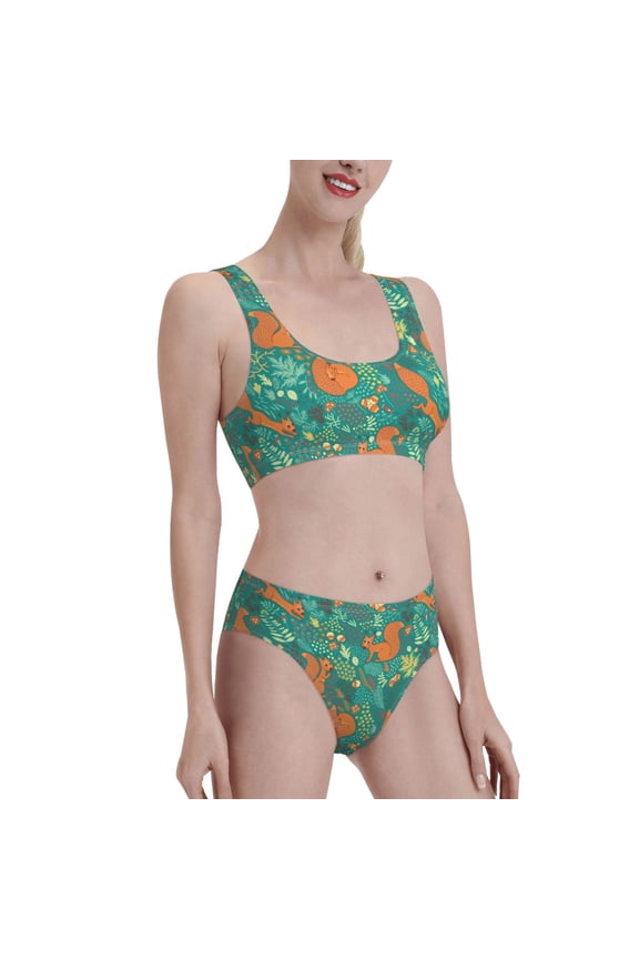 Fall Forest Squirrel Women's High Waisted Bikini Scoop Neck Swimsuit Two Pieces Bathing Suit-Small