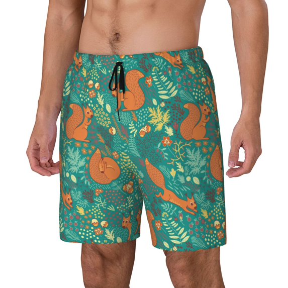 Picia Fall Forest Squirrel pattern Mens Swim Trunks with Compression Liner Stretch Beach Shorts Quick Dry with Zipper Pockets No-Chafing Board Shorts-3X-Large