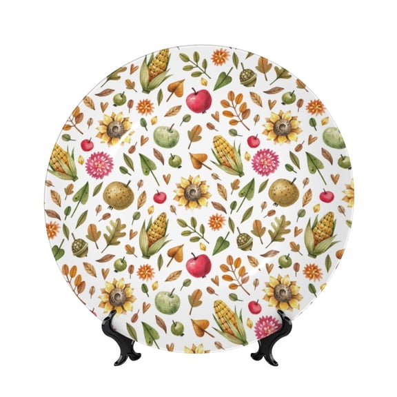 Picia Fall Fruits And Vegetables Pattern Bone China Decorative Plate – Wall Decor with Stand and Adhesive, Elegant Ornament for Living Room, Office, or Entryway-8in