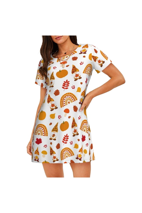 Fall Gnomes Harvest Pattern Women’s Nightdress – Casual Short-sleeved Loose-Fit Sleepwear, Soft Cotton Short-Sleeve Sleep Shirt for Relaxation & Comfort