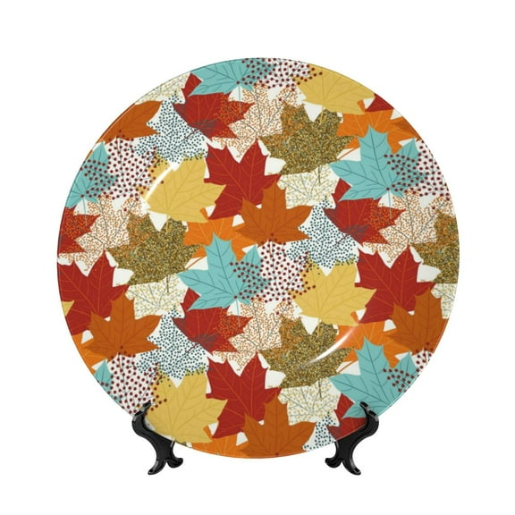 Picia Fall Maple Leaves Pattern Bone China Decorative Plate – Wall Decor with Stand and Adhesive, Elegant Ornament for Living Room, Office, or Entryway-7in
