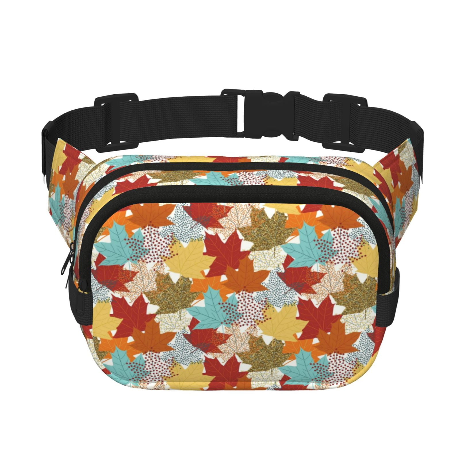 Picia Fall Maple Leaves Print Square Double-Layer Waist Bag Mini Adjustable Waist Belt Bag Exercise Running Travel Hiking