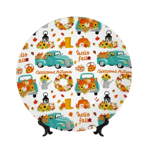 Picia Fall Pumpkins And Sunflowers Pattern Bone China Decorative Plate – Wall Decor with Stand and Adhesive, Elegant Ornament for Living Room, Office, or Entryway-8in