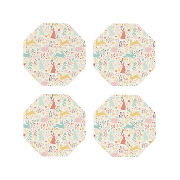 Picia Fall Rabbit Printed Leather Coasters for Drinks, 4" Drink Coasters Set of 4 for Tabletop Protection, Handmade Luxurious Home Décor and Housewarming Gift -Octagon