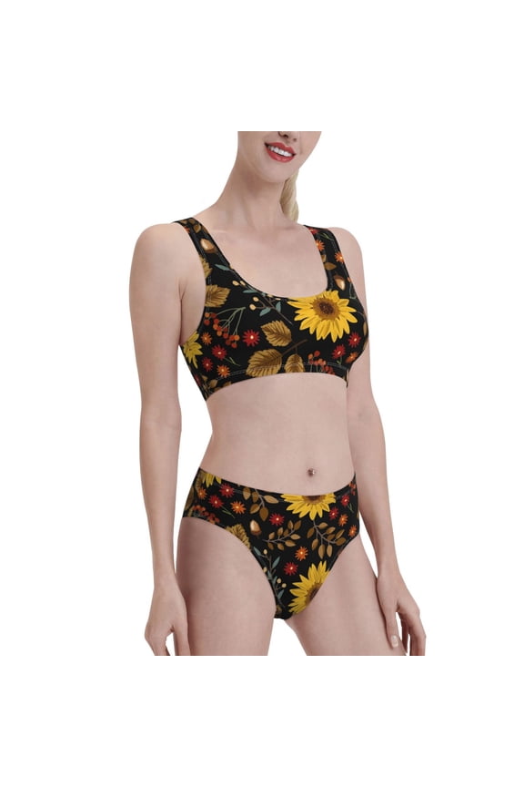 Fall Sunflowers Leaves Women's High Waisted Bikini Scoop Neck Swimsuit Two Pieces Bathing Suit-Medium